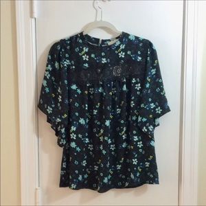 LOFT Blouse short sleeve Black w/Florals in Blue